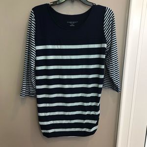 Maternity 3/4 sleeve shirt.  Striped Navy/mint
